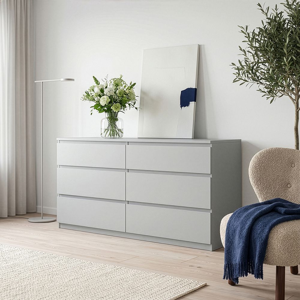 Edmore 6 Drawer Wide Chest of Drawers In Light Grey - Price Crash Furniture