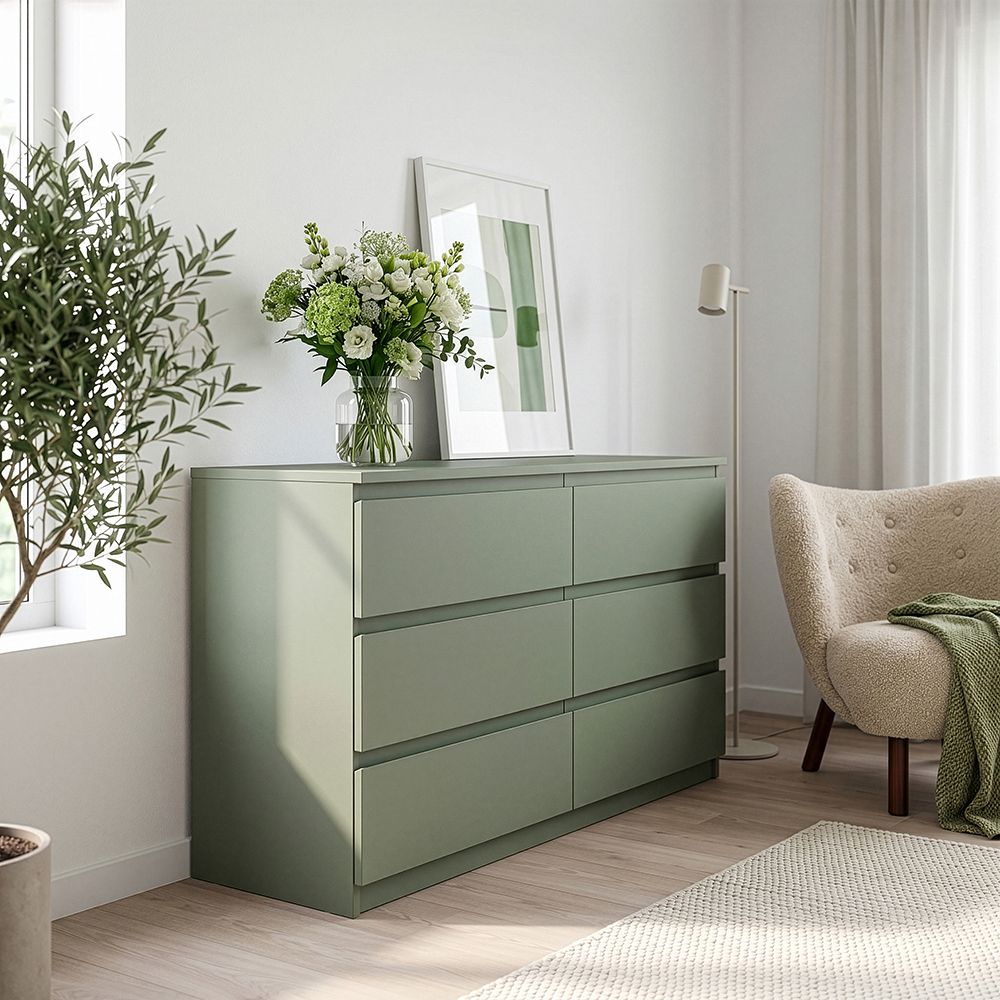 Edmore 6 Drawer Wide Chest of Drawers In Sage Green - Price Crash Furniture