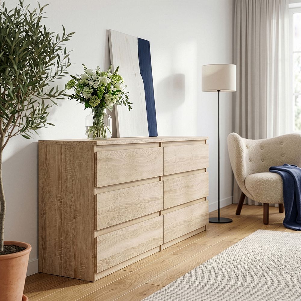 Edmore 6 Drawer Wide Chest Of Drawers In Sonoma Oak - Price Crash Furniture