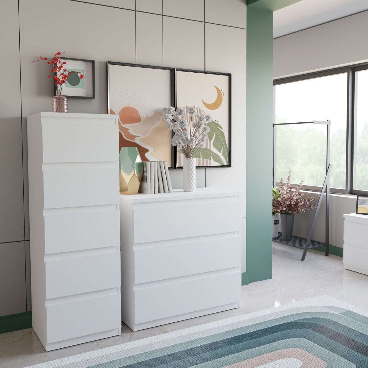 Edmore Tallboy 5 Drawer Tall Narrow Chest of Drawers In White - Price Crash Furniture