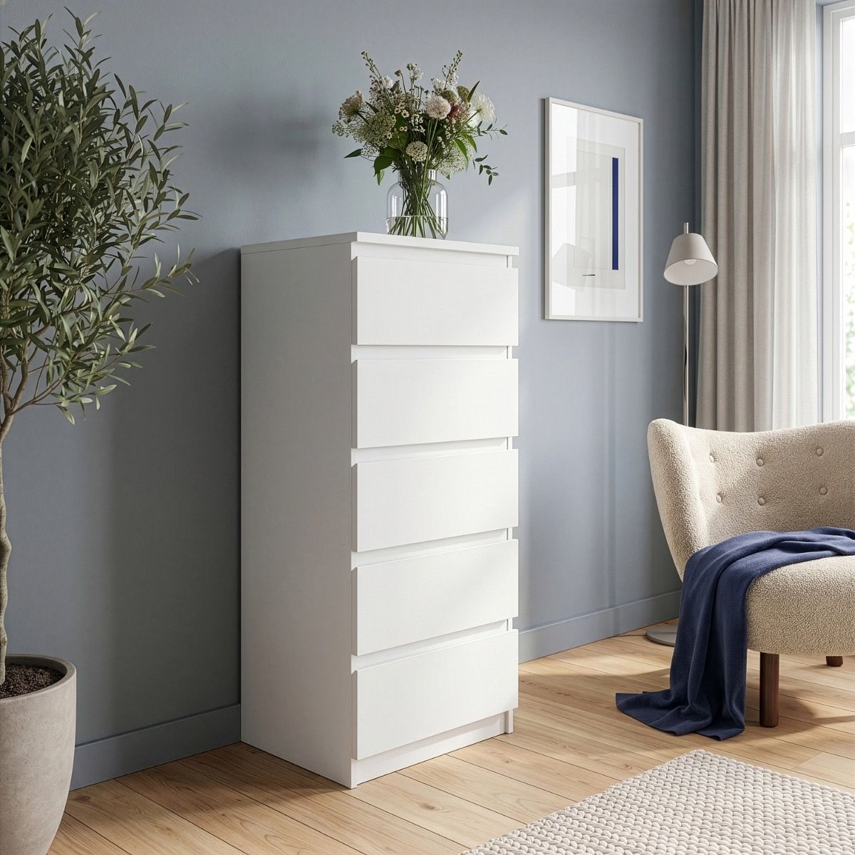 Edmore Tallboy 5 Drawer Tall Narrow Chest of Drawers In White - Price Crash Furniture
