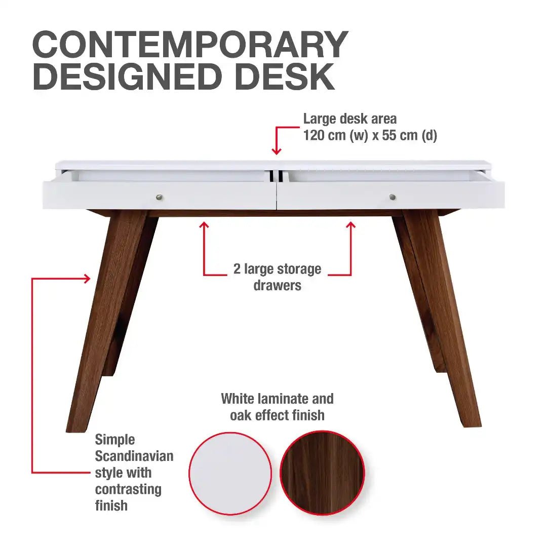 Florence Office / Computer Desk in White and Dark Oak - Price Crash Furniture