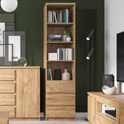 Fribo Tall Narrow 3 Drawer Bookcase in Golden Oak - Price Crash Furniture