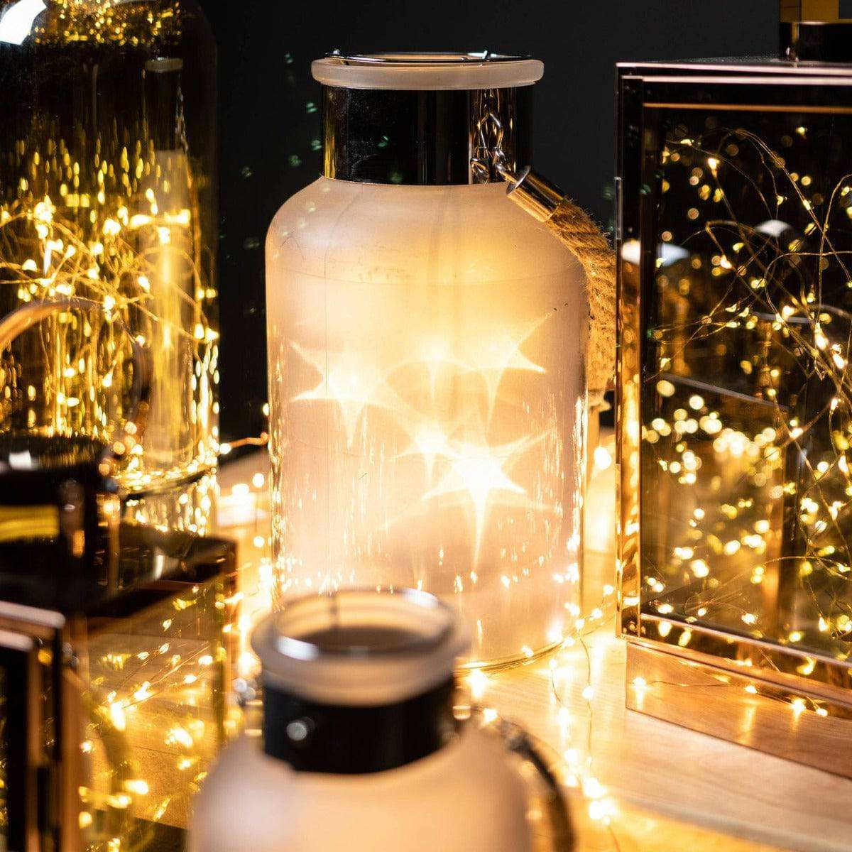 Frosted Grey Glass Lantern With Rope Detail And LED - Price Crash Furniture