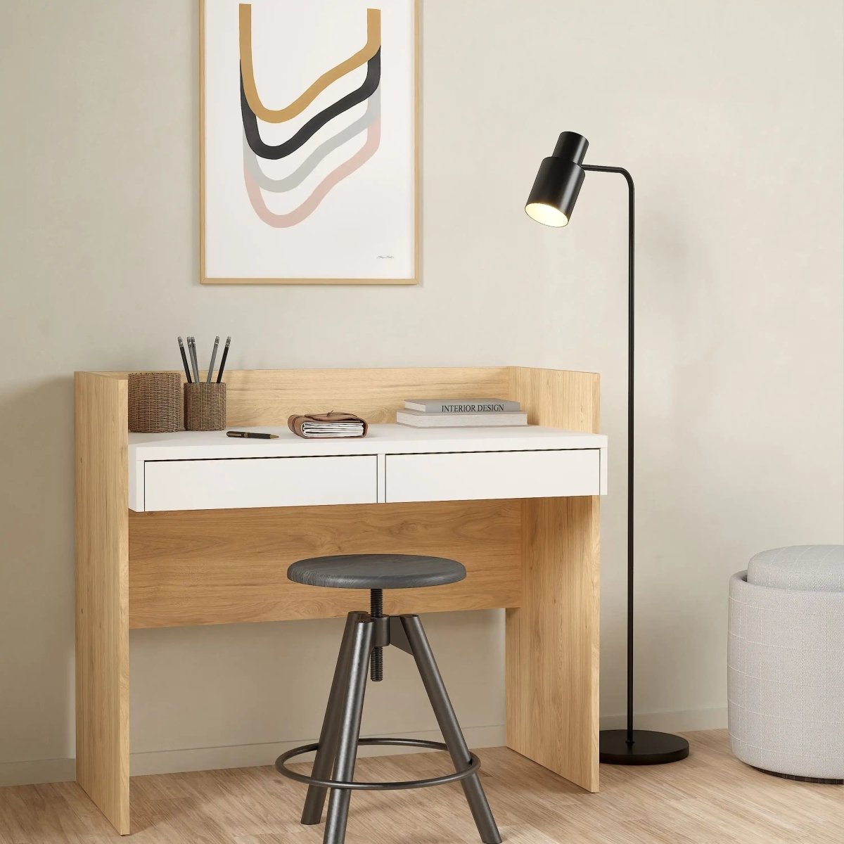 Function Plus Desk 2 Drawers In Jackson Hickory and White - Price Crash Furniture