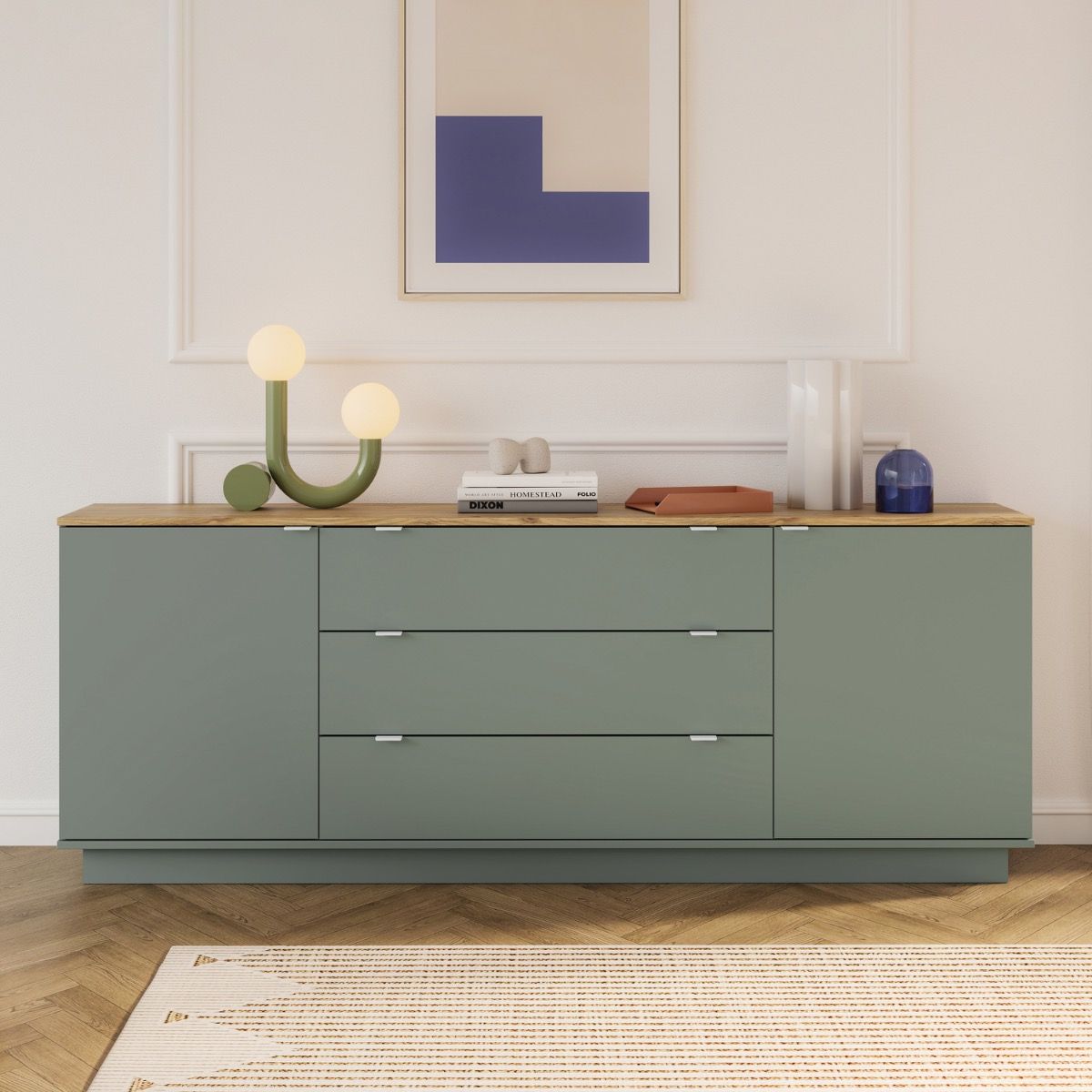 Ganymede Large Sideboard With 3 Drawers & 2 Doors In Mauvella Oak And Sage - Price Crash Furniture