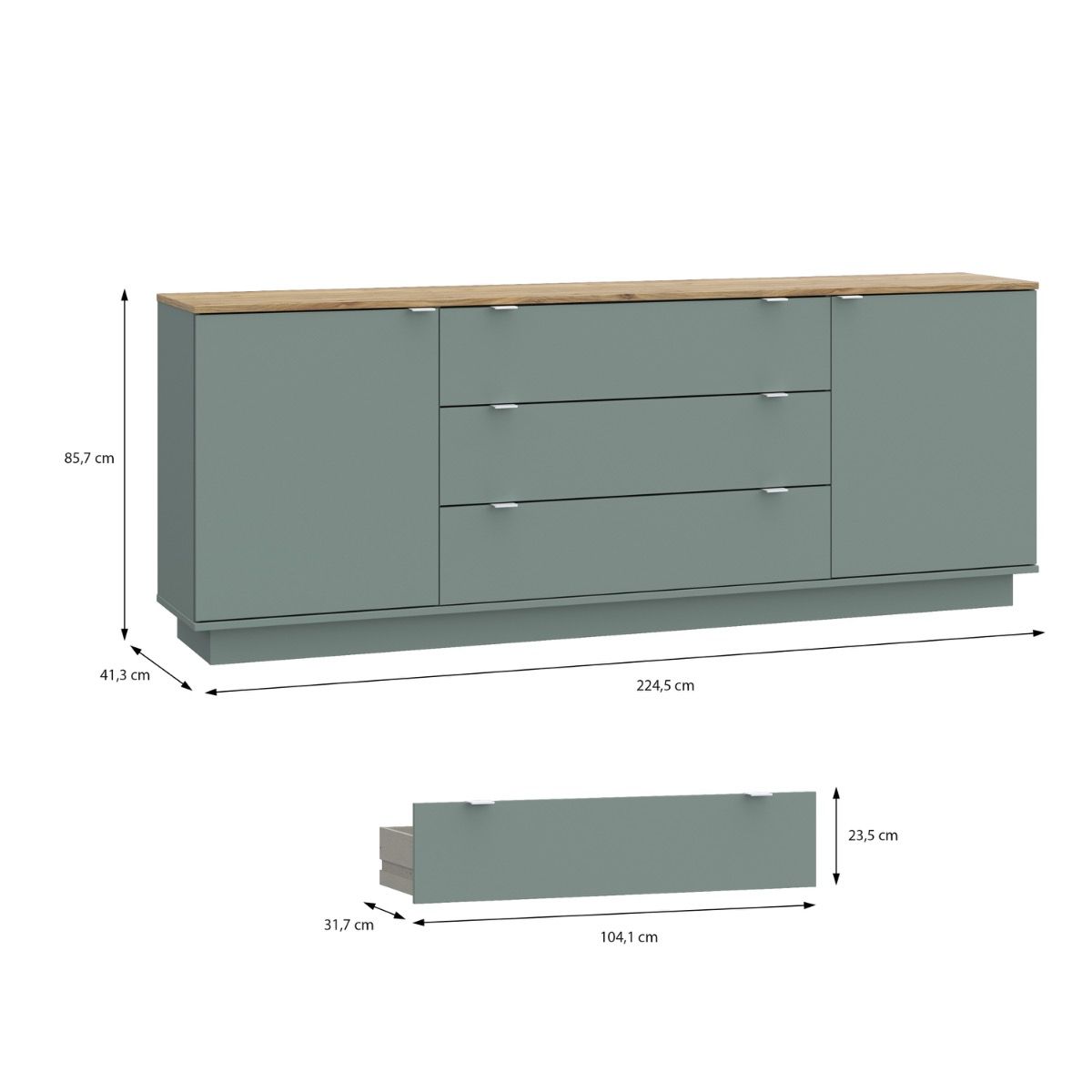 Ganymede Large Sideboard With 3 Drawers & 2 Doors In Mauvella Oak And Sage - Price Crash Furniture