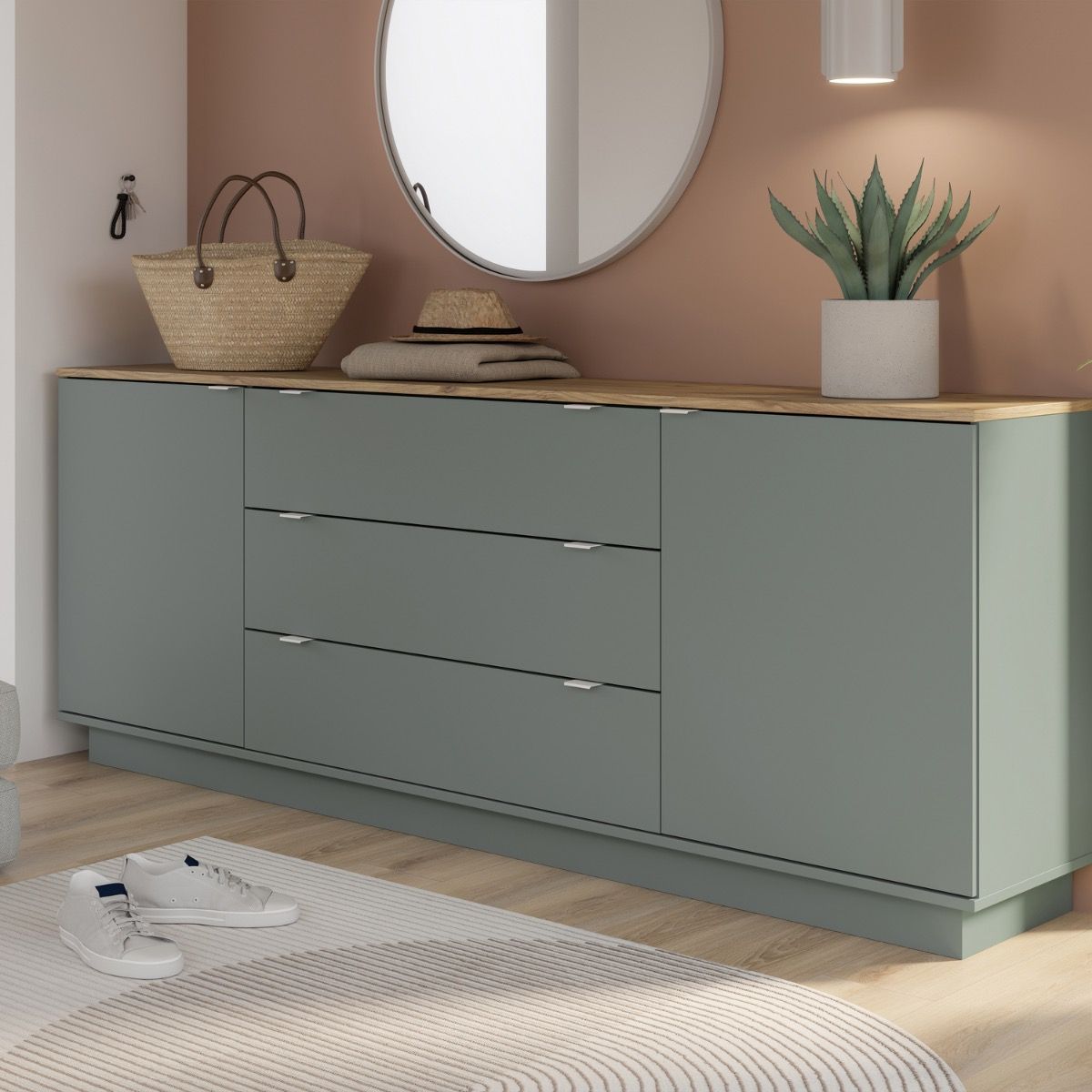 Ganymede Large Sideboard With 3 Drawers & 2 Doors In Mauvella Oak And Sage - Price Crash Furniture
