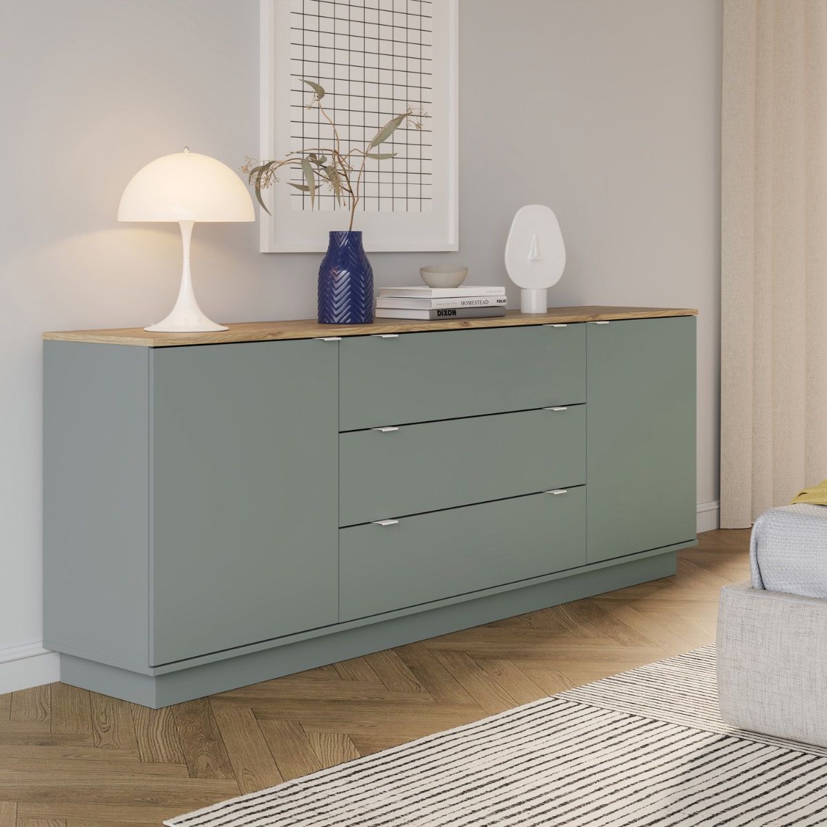 Ganymede Large Sideboard With 3 Drawers & 2 Doors In Mauvella Oak And Sage - Price Crash Furniture