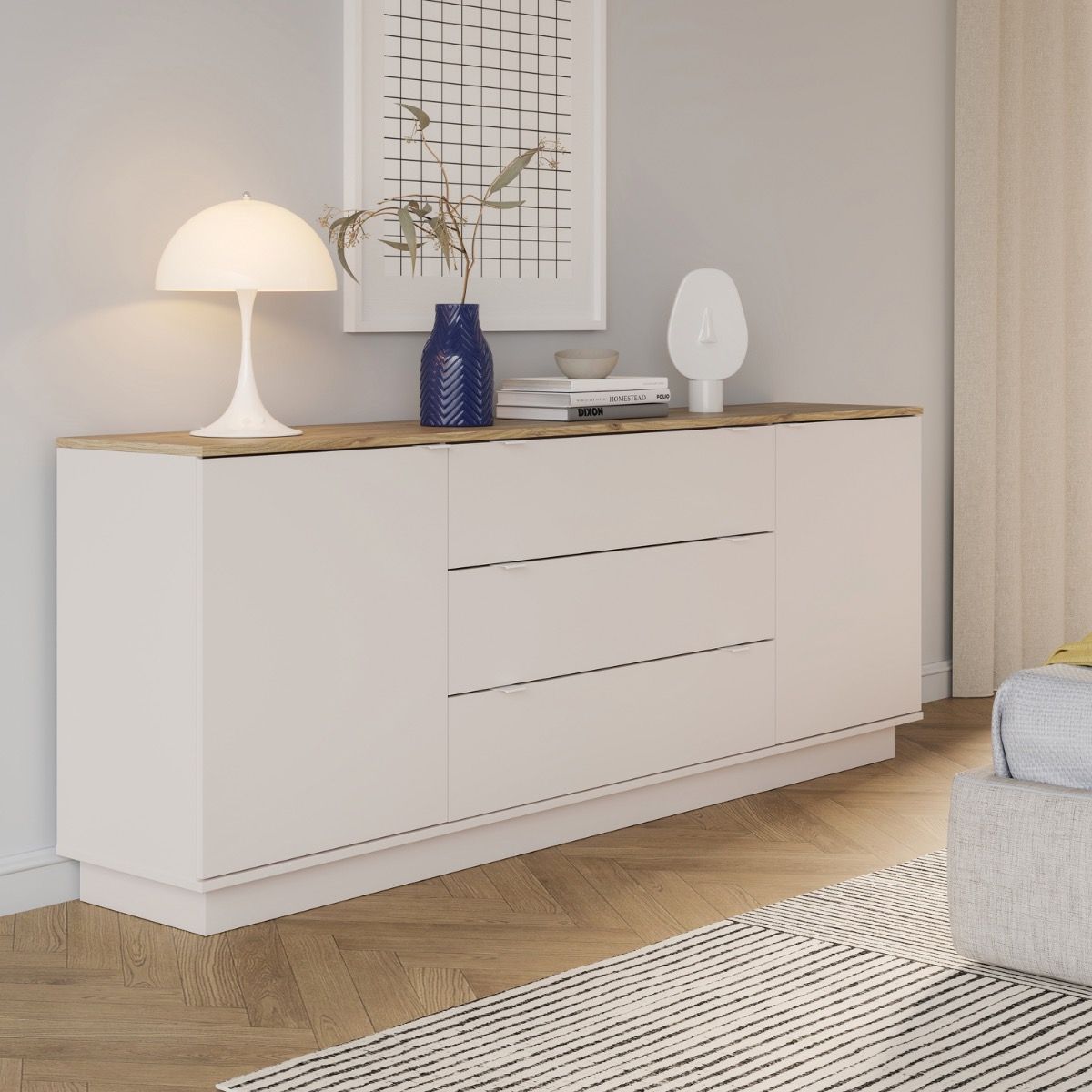 Ganymede Large Sideboard With 3 Drawers & 2 Doors In Mauvella Oak And Sand - Price Crash Furniture