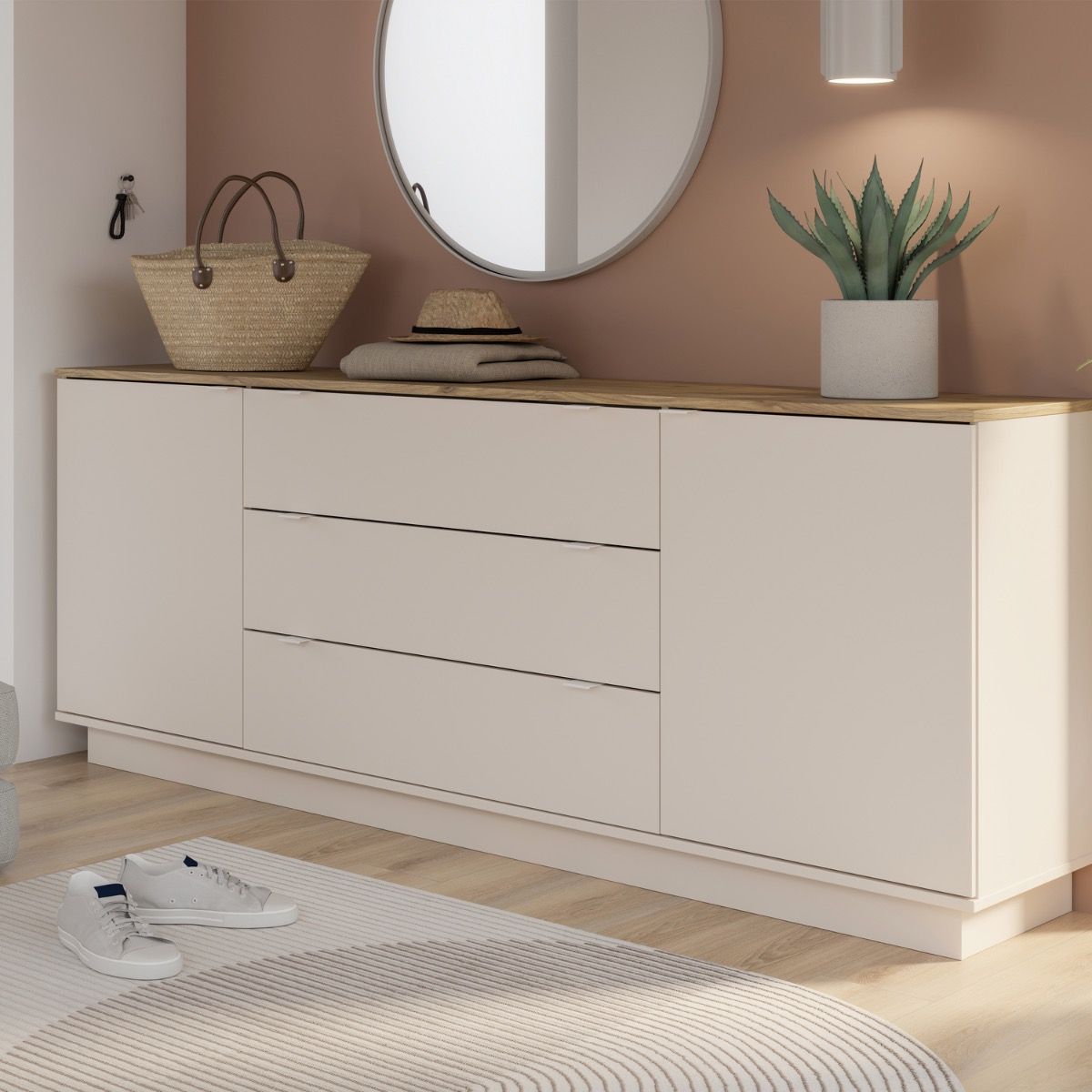 Ganymede Large Sideboard With 3 Drawers & 2 Doors In Mauvella Oak And Sand - Price Crash Furniture