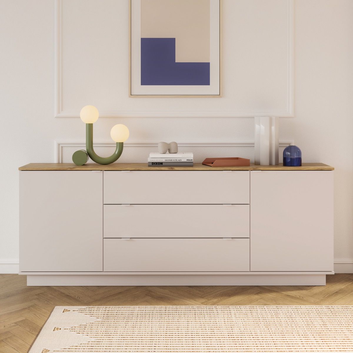 Ganymede Large Sideboard With 3 Drawers & 2 Doors In Mauvella Oak And Sand - Price Crash Furniture