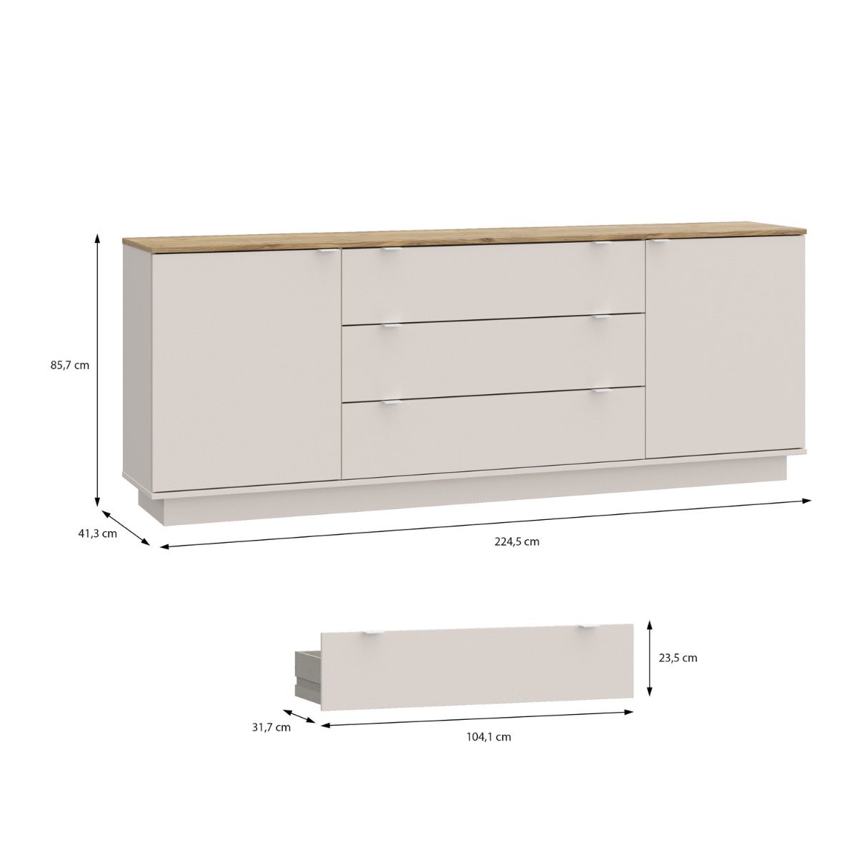 Ganymede Large Sideboard With 3 Drawers & 2 Doors In Mauvella Oak And Sand - Price Crash Furniture