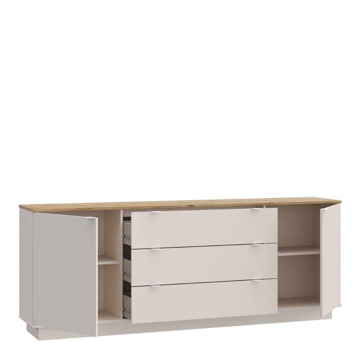 Ganymede Large Sideboard With 3 Drawers & 2 Doors In Mauvella Oak And Sand - Price Crash Furniture