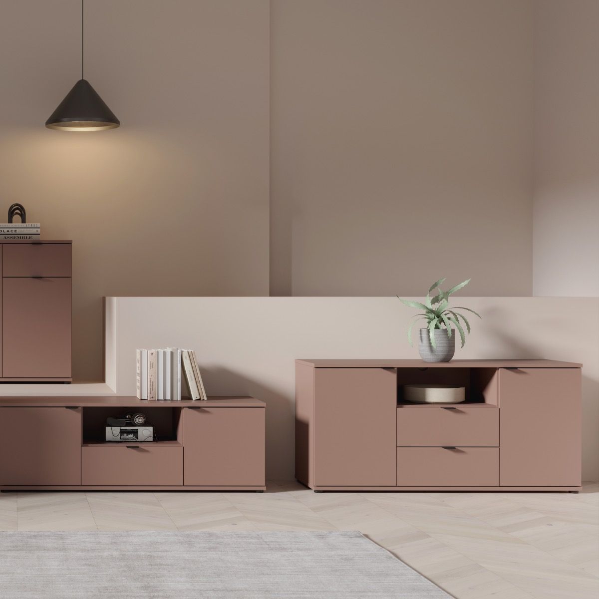 Ganymede Tall TV Cabinet With Open Shelf, 2 Drawers & 2 Doors In Terracotta - Price Crash Furniture