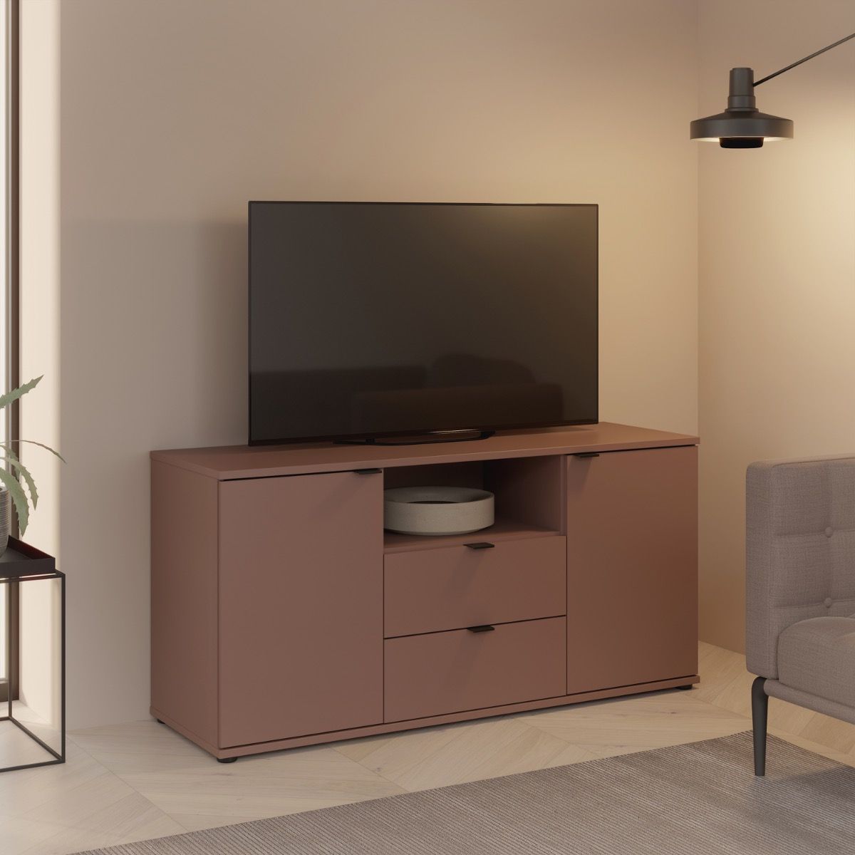 Ganymede Tall TV Cabinet With Open Shelf, 2 Drawers & 2 Doors In Terracotta - Price Crash Furniture