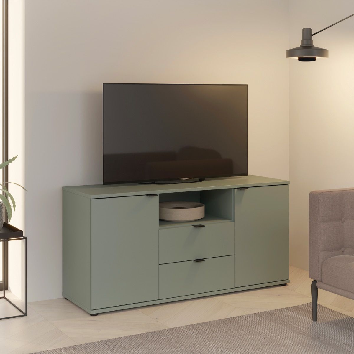 Ganymede Tall TV Cabinet With Open Shelf, Drawer & 2 Doors In Sage Green - Price Crash Furniture