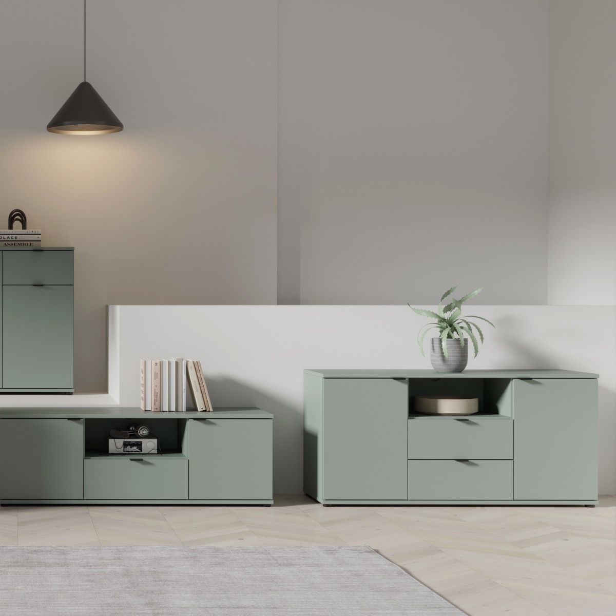 Ganymede Tall TV Cabinet With Open Shelf, Drawer & 2 Doors In Sage Green - Price Crash Furniture