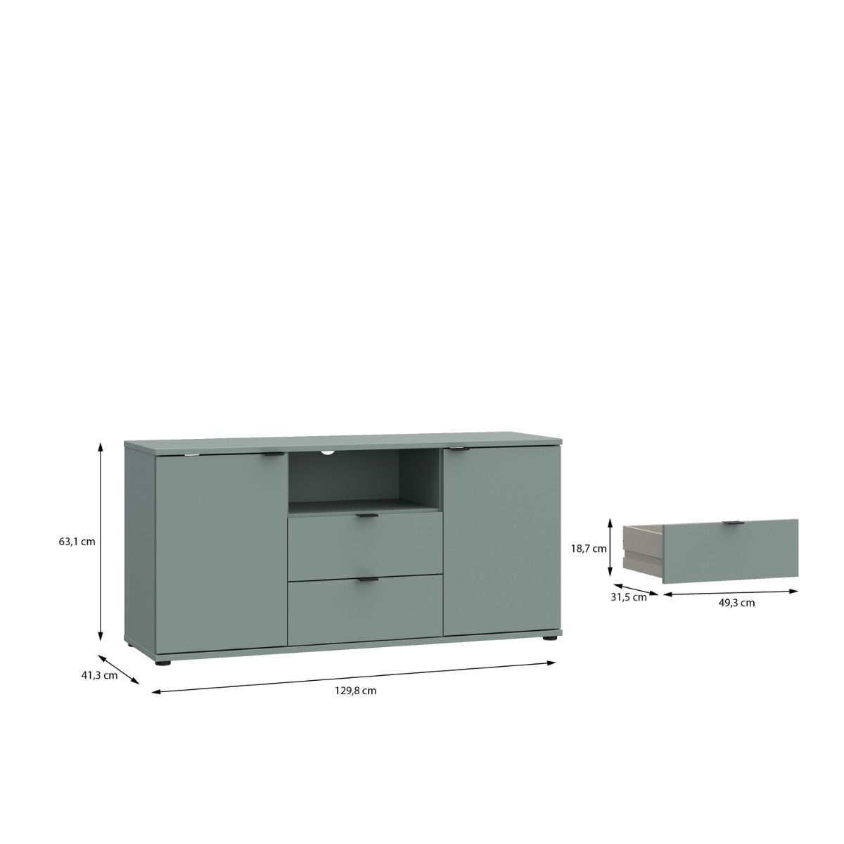 Ganymede Tall TV Cabinet With Open Shelf, Drawer & 2 Doors In Sage Green - Price Crash Furniture