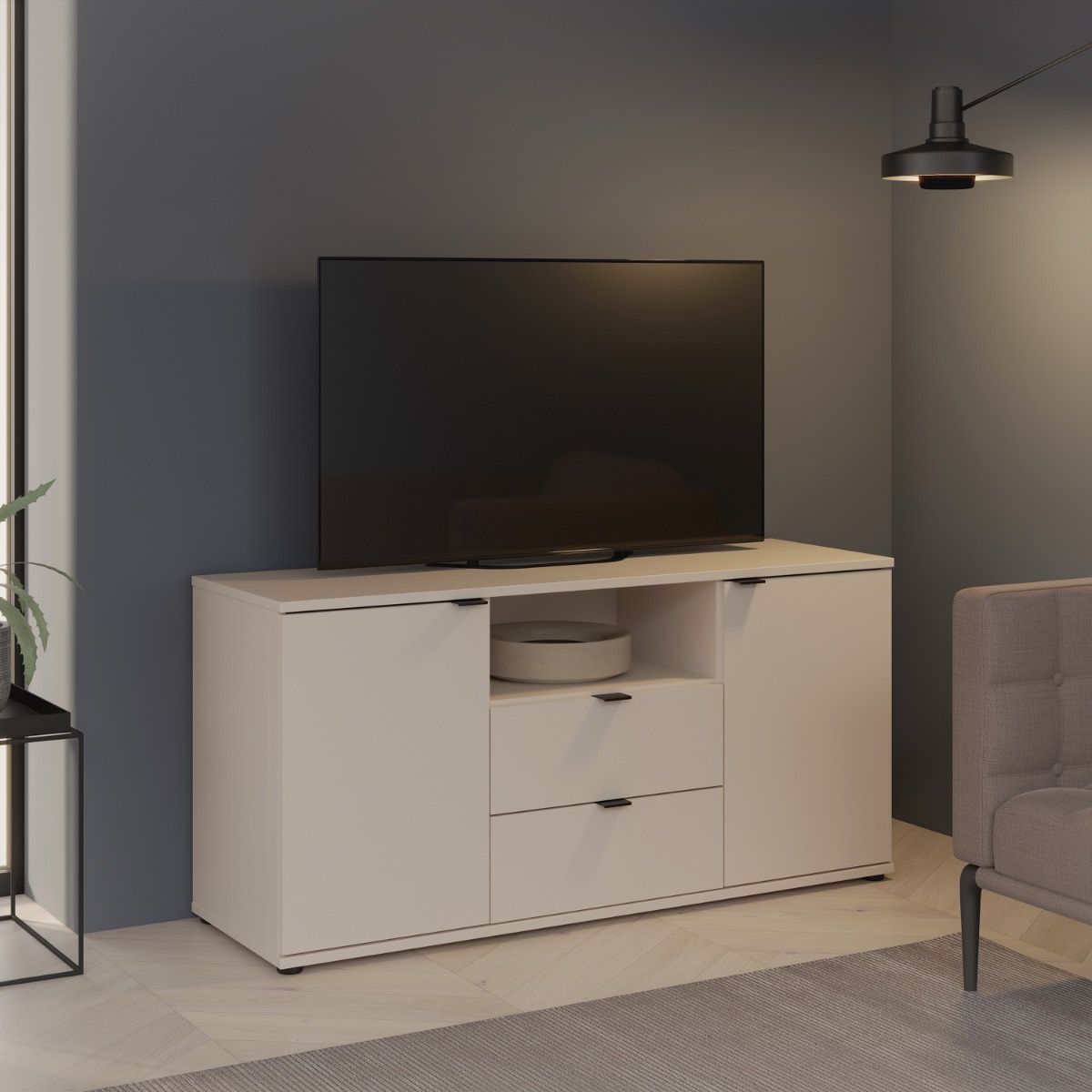 Ganymede Tall TV Stand With Open Shelf, 2 Drawers & 2 Doors In Sand - Price Crash Furniture