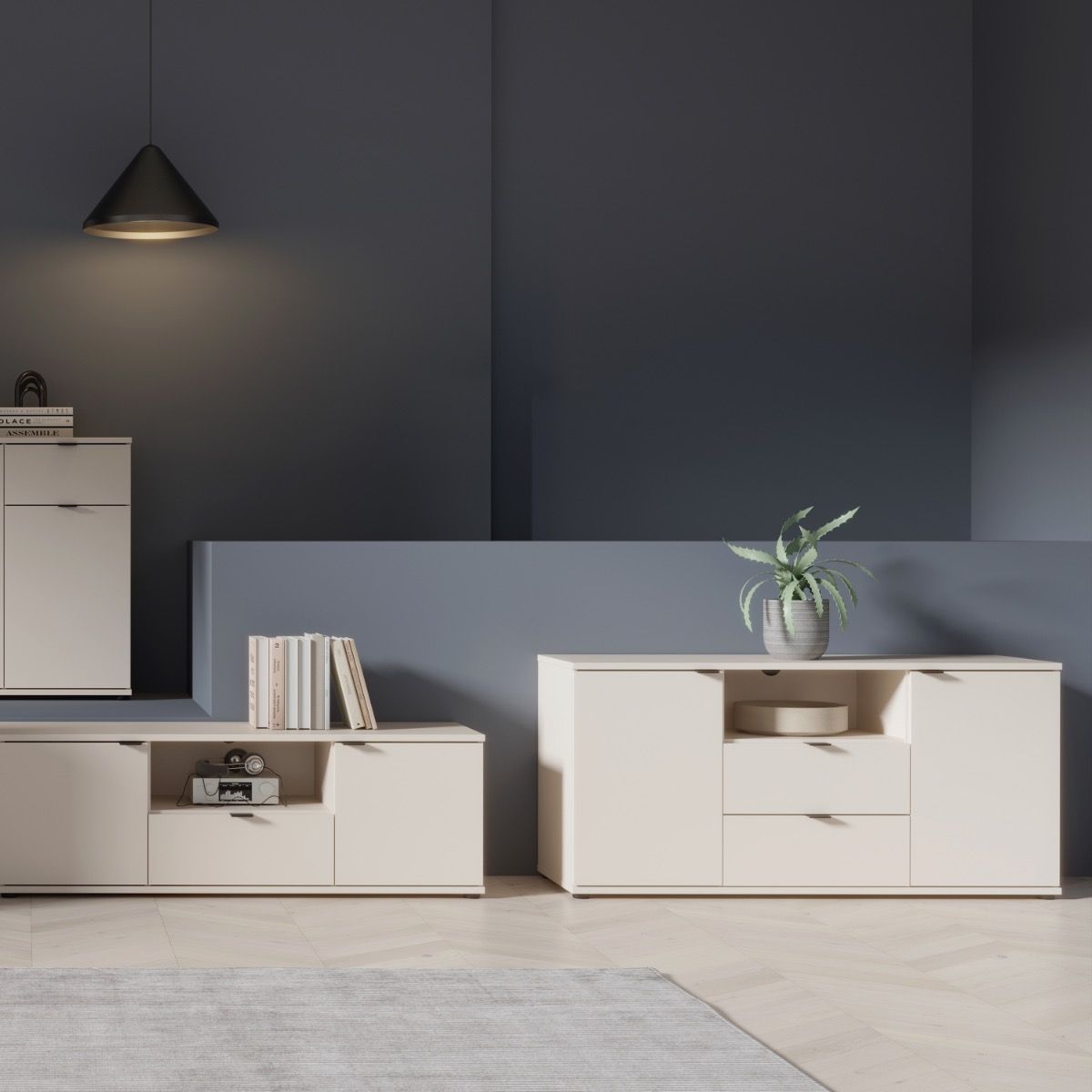 Ganymede Tall TV Stand With Open Shelf, 2 Drawers & 2 Doors In Sand - Price Crash Furniture