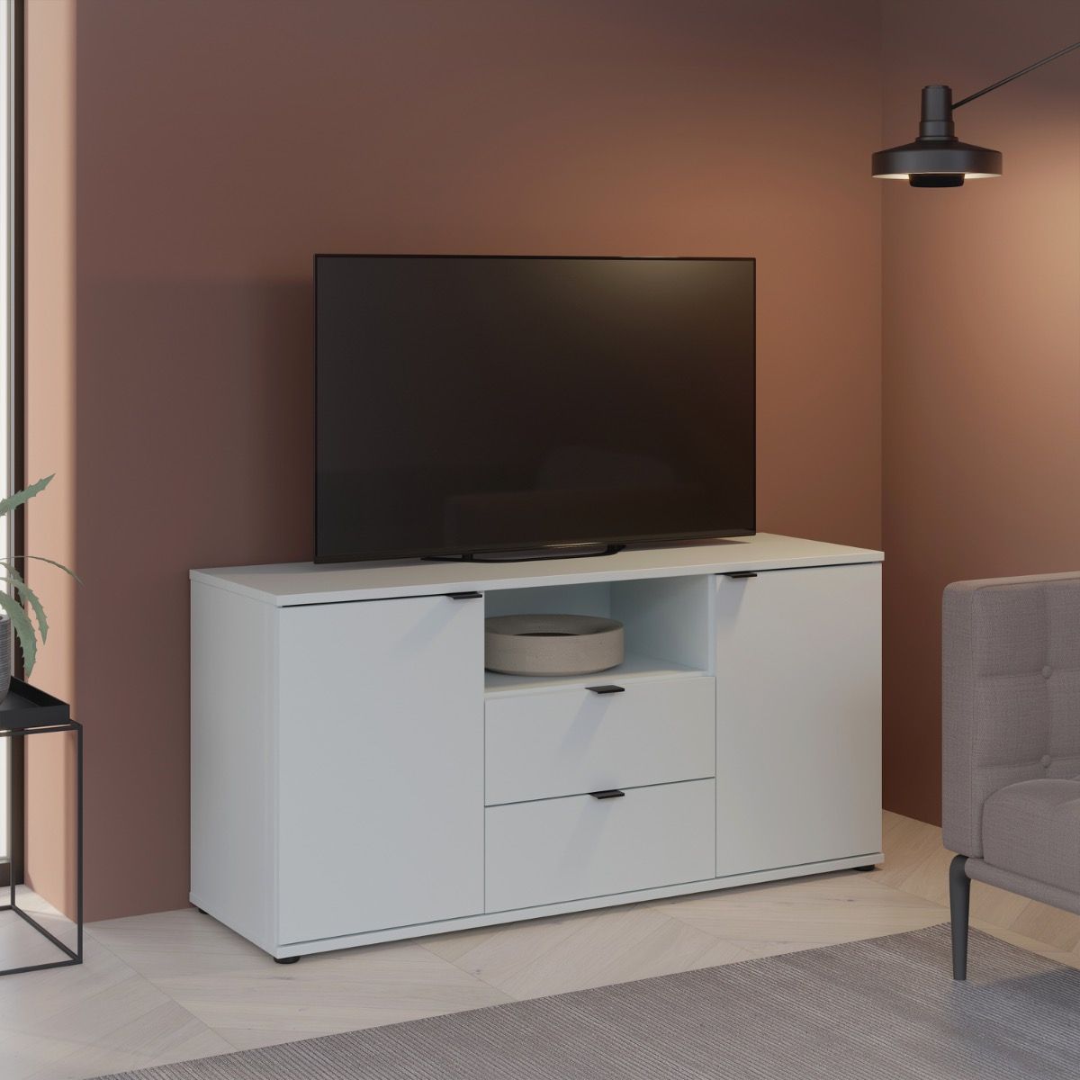 Ganymede Tall TV Stand With Open Shelf, Drawer & 2 Doors In Light Grey - Price Crash Furniture