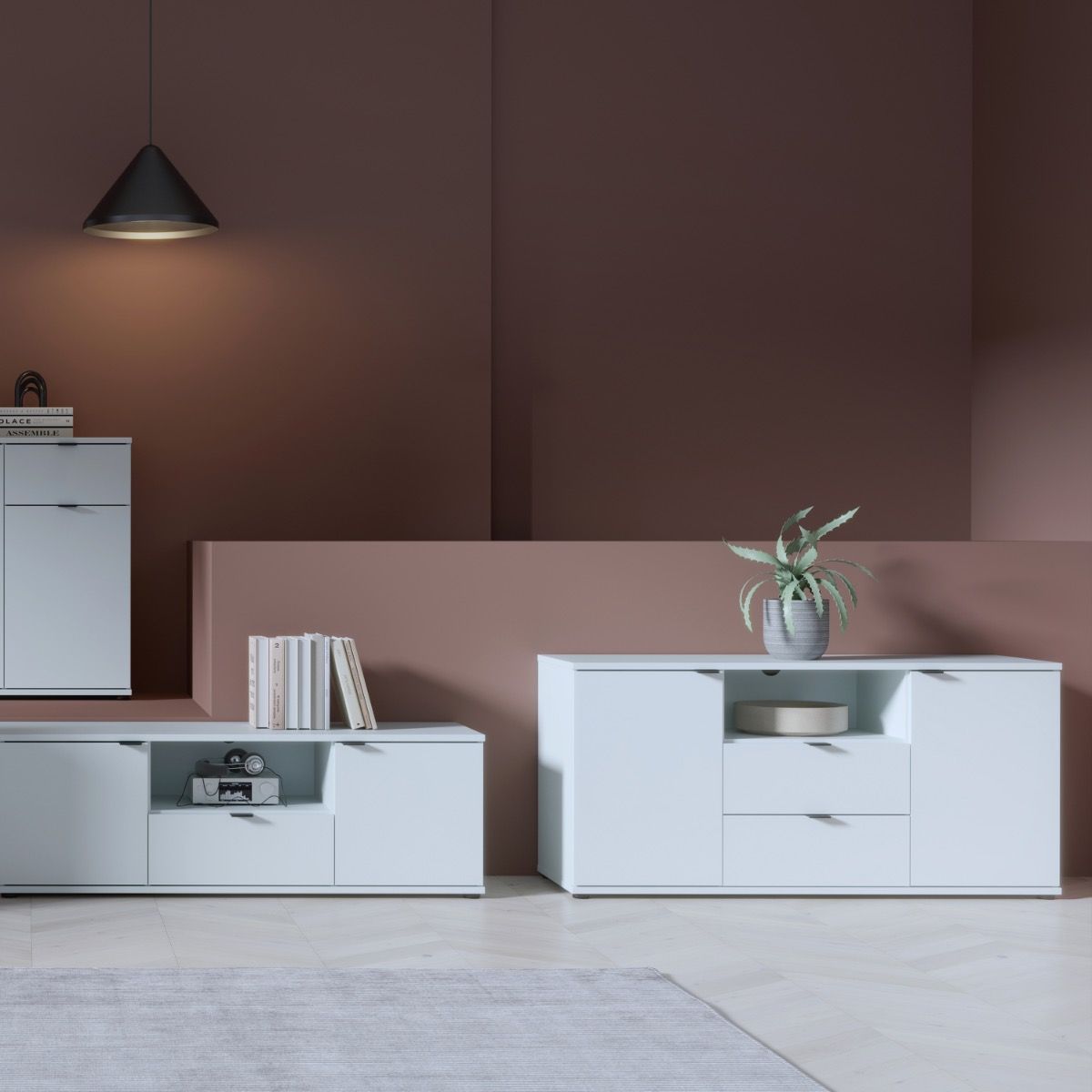 Ganymede Tall TV Stand With Open Shelf, Drawer & 2 Doors In Light Grey - Price Crash Furniture