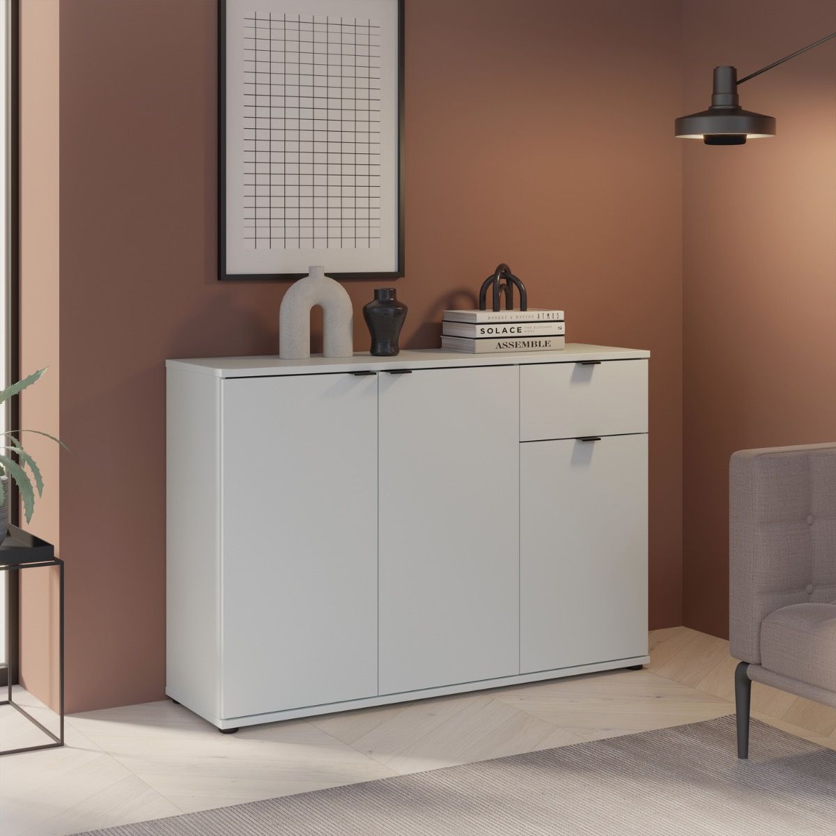 Ganymede Wide 3 Door Cupboard With Drawer In Light Grey - Price Crash Furniture
