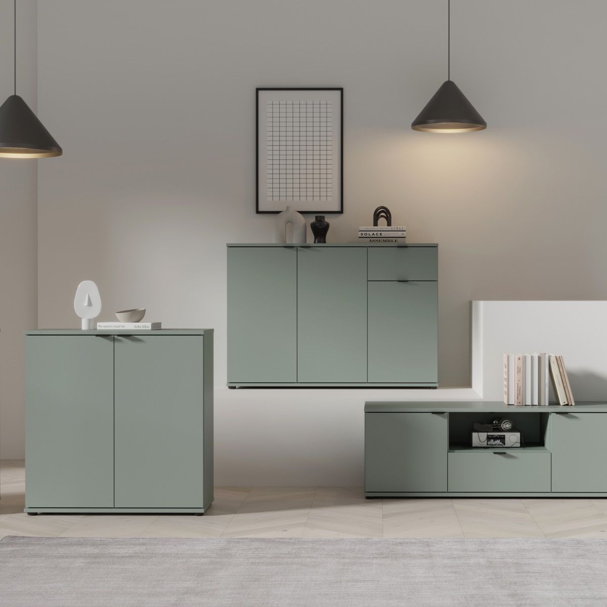 Ganymede Wide 3 Door Cupboard With Drawer In Sage Green - Price Crash Furniture