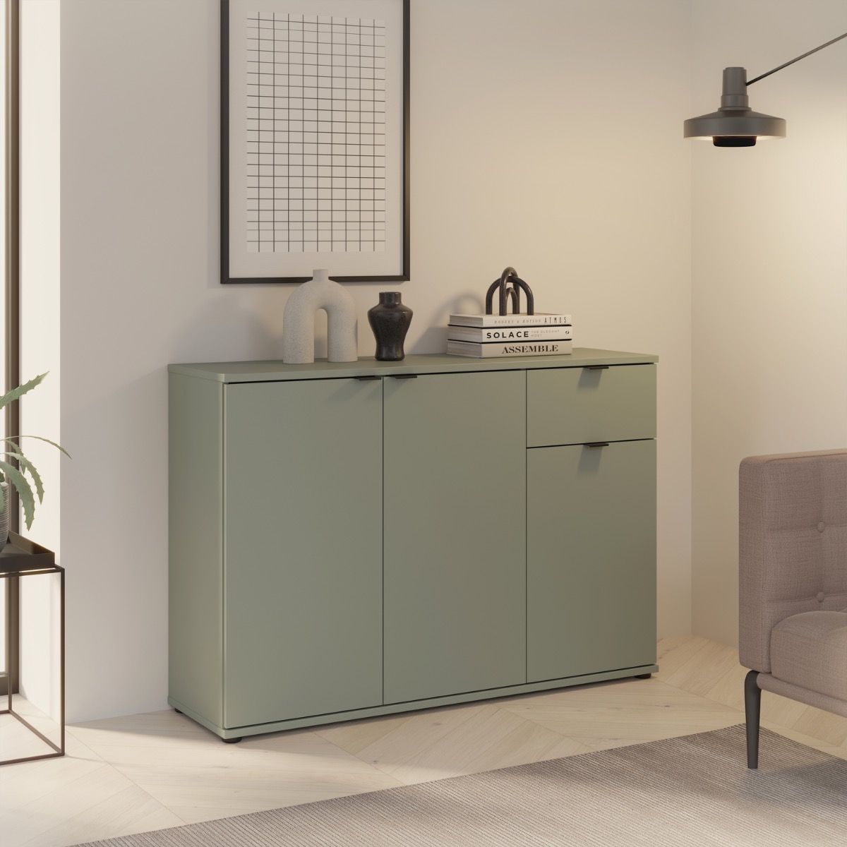 Ganymede Wide 3 Door Cupboard With Drawer In Sage Green - Price Crash Furniture