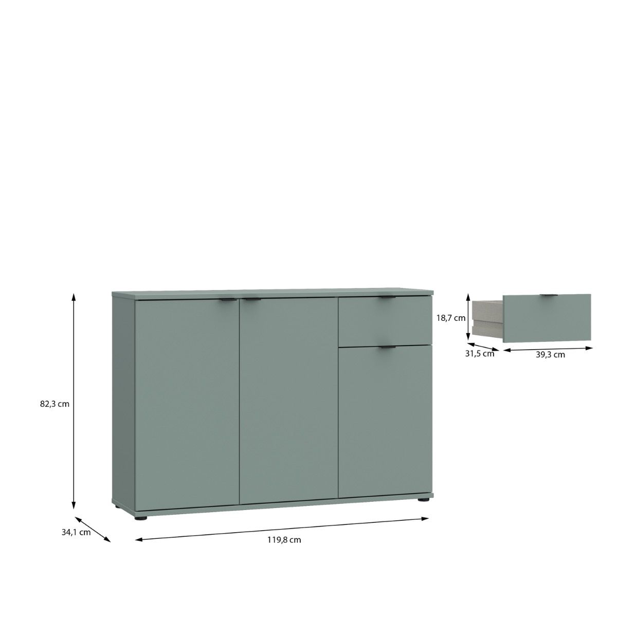 Ganymede Wide 3 Door Cupboard With Drawer In Sage Green - Price Crash Furniture