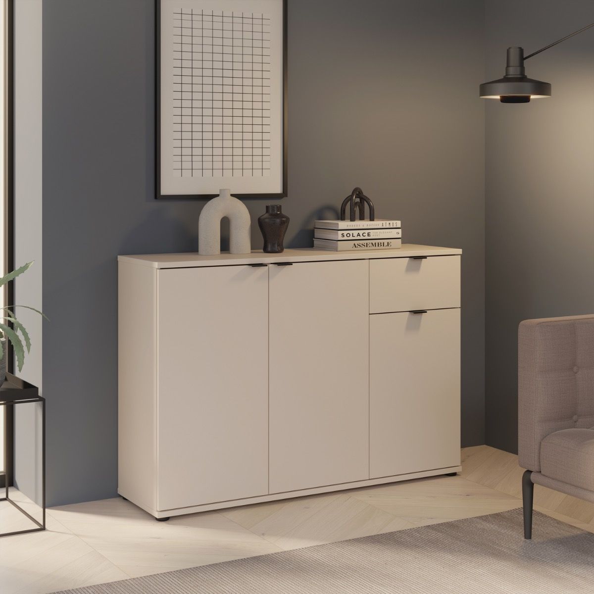 Ganymede Wide 3 Door Cupboard With Drawer In Sand - Price Crash Furniture