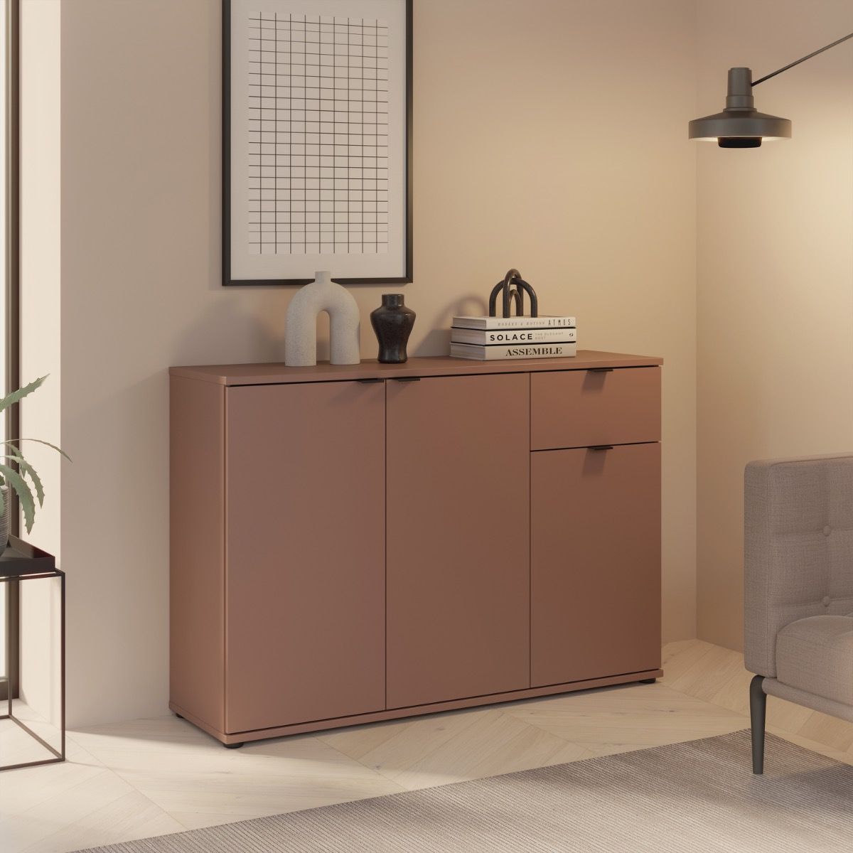 Ganymede Wide 3 Door Cupboard With Drawer In Terracotta - Price Crash Furniture