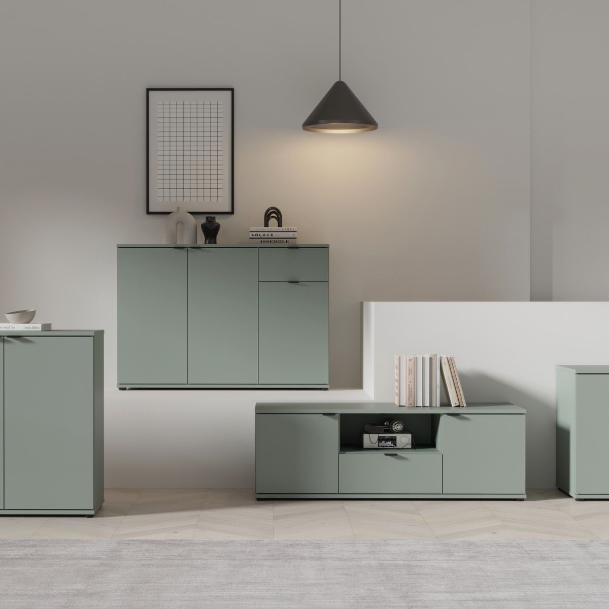 Ganymede Wide TV Unit With Open Shelf & 2 Doors In Sage Green - Price Crash Furniture