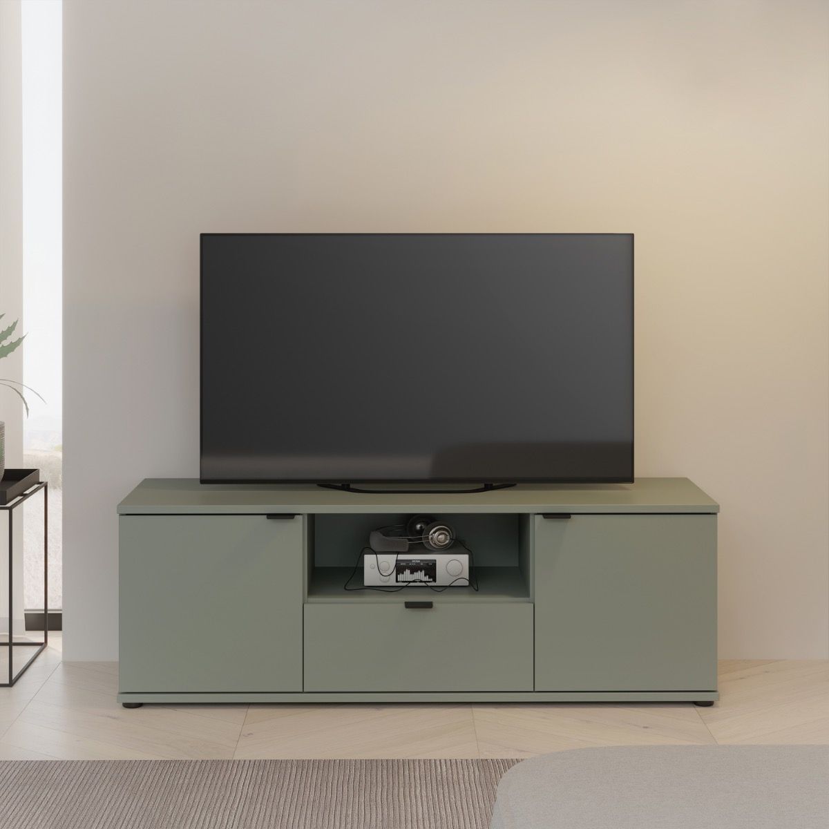Ganymede Wide TV Unit With Open Shelf & 2 Doors In Sage Green - Price Crash Furniture