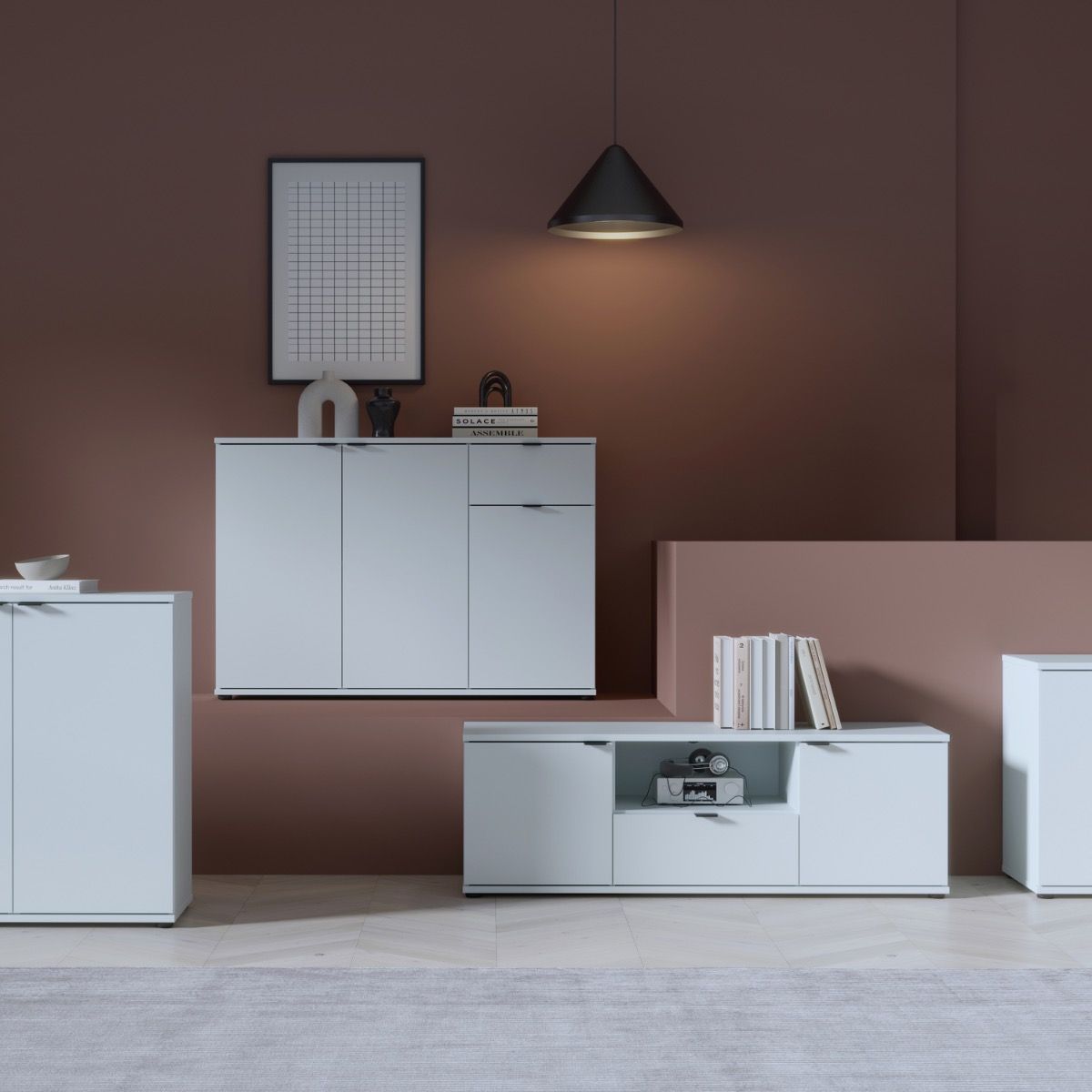 Ganymede Wide TV Unit With Open Shelf, Drawer & 2 Doors In Light Grey - Price Crash Furniture