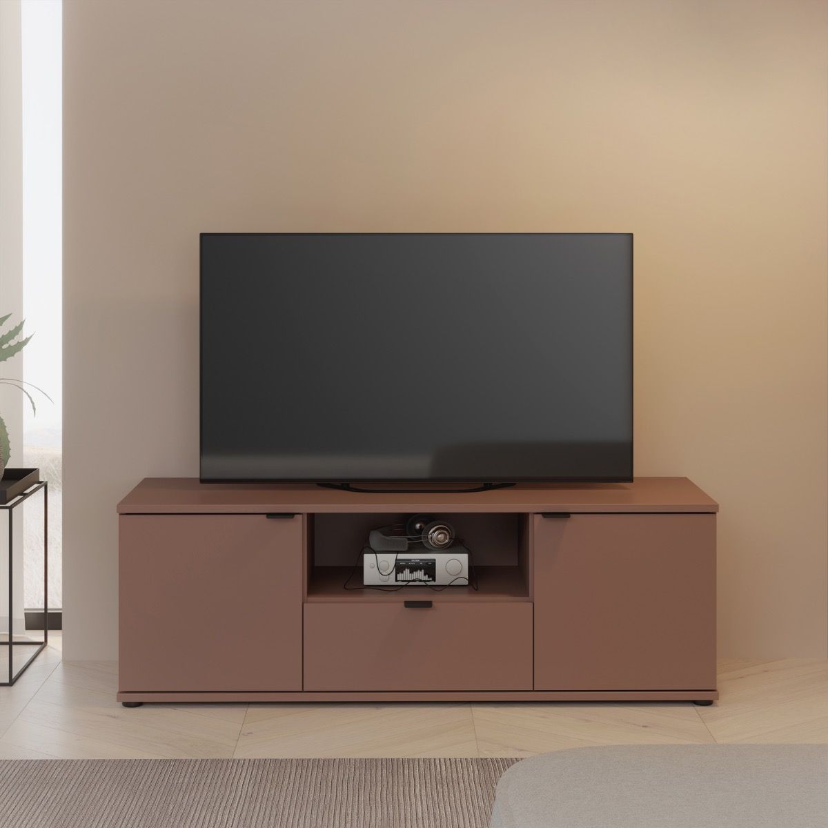 Ganymede Wide TV Unit With Open Shelf, Drawer & 2 Doors In Terracotta - Price Crash Furniture