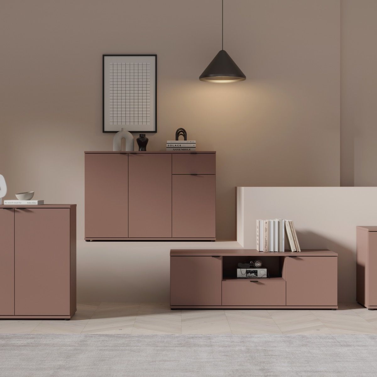 Ganymede Wide TV Unit With Open Shelf, Drawer & 2 Doors In Terracotta - Price Crash Furniture