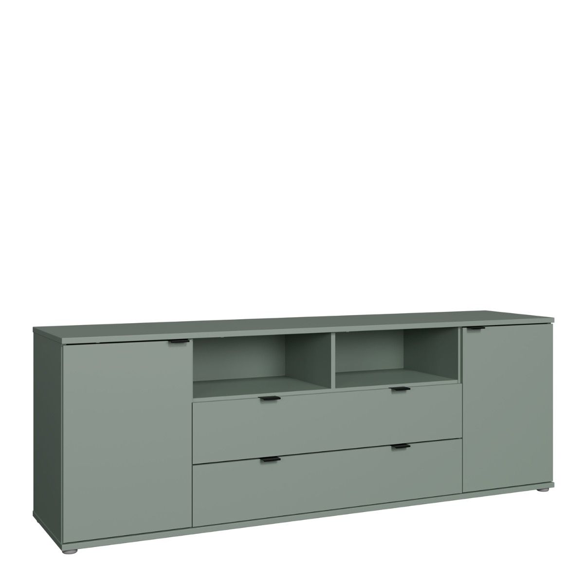 Ganymede Wide TV Unit With Open Shelving, 2 Drawers & 2 Doors in Sage Green - Price Crash Furniture