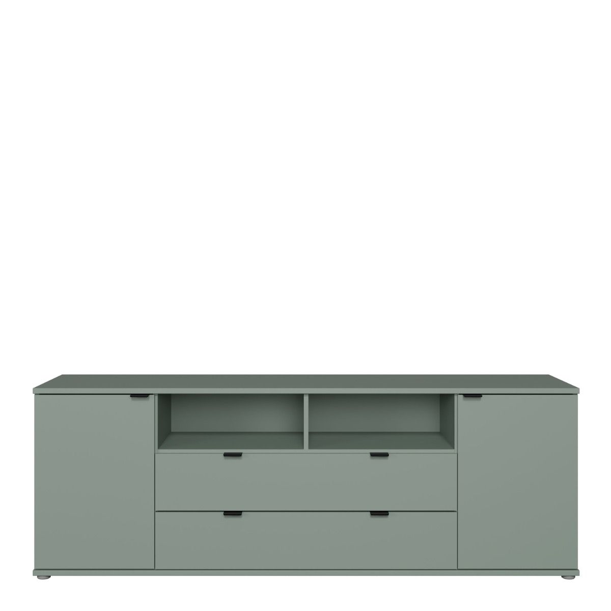 Ganymede Wide TV Unit With Open Shelving, 2 Drawers & 2 Doors in Sage Green - Price Crash Furniture