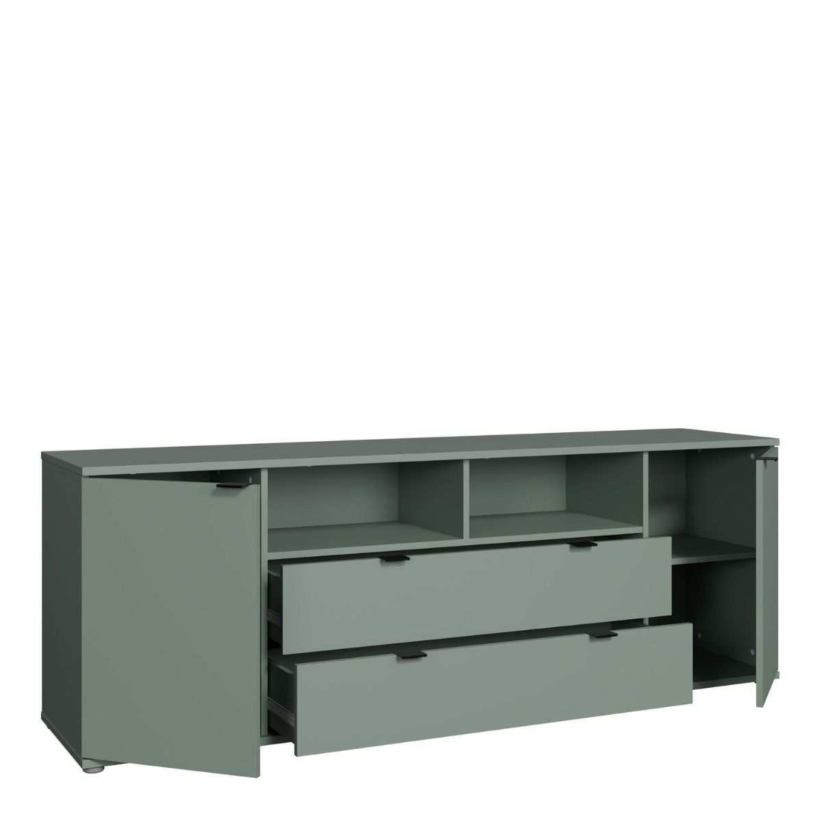 Ganymede Wide TV Unit With Open Shelving, 2 Drawers & 2 Doors in Sage Green - Price Crash Furniture