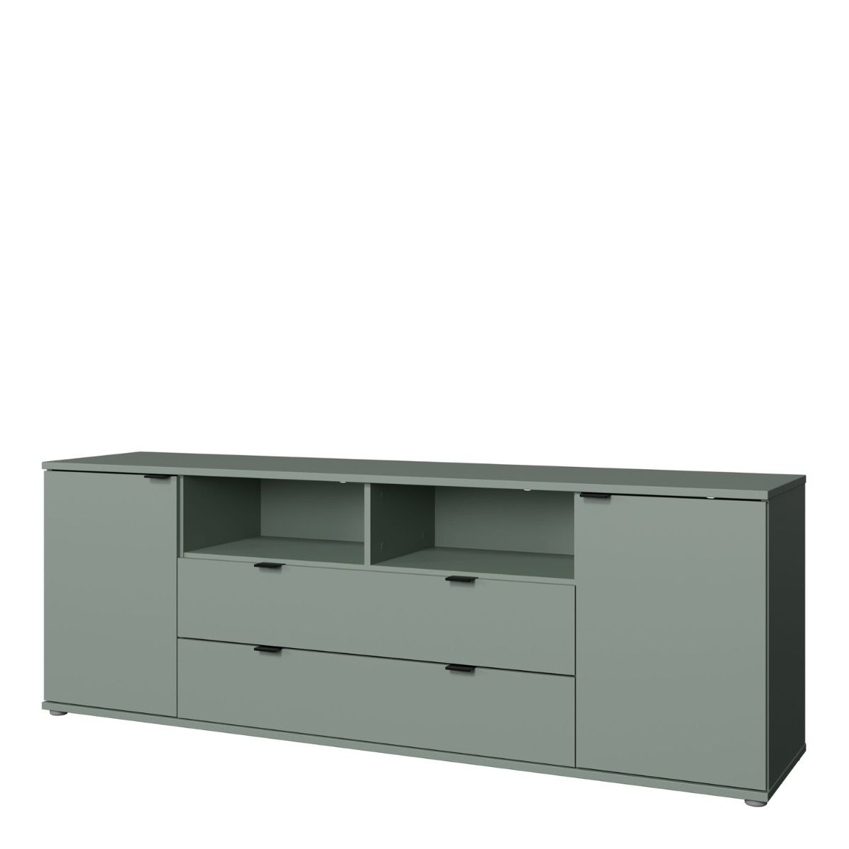 Ganymede Wide TV Unit With Open Shelving, 2 Drawers & 2 Doors in Sage Green - Price Crash Furniture