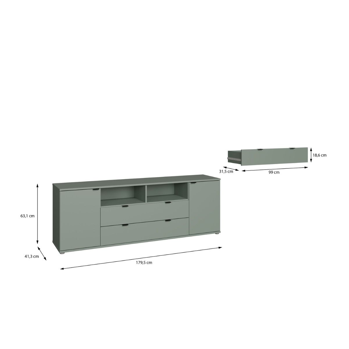 Ganymede Wide TV Unit With Open Shelving, 2 Drawers & 2 Doors in Sage Green - Price Crash Furniture