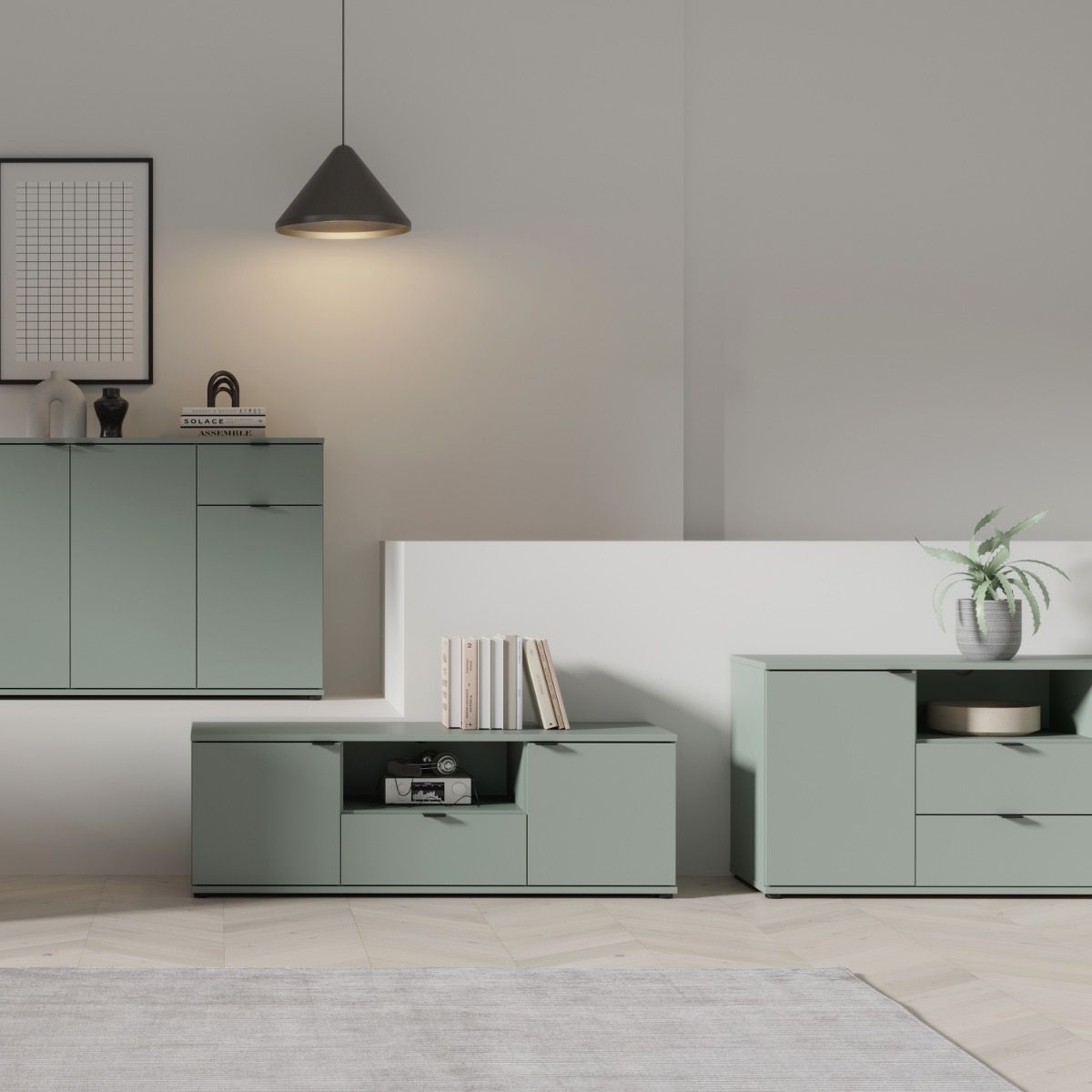 Ganymede Wide TV Unit With Open Shelving, 2 Drawers & 2 Doors in Sage Green - Price Crash Furniture