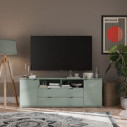 Ganymede Wide TV Unit With Open Shelving, 2 Drawers & 2 Doors in Sage Green - Price Crash Furniture