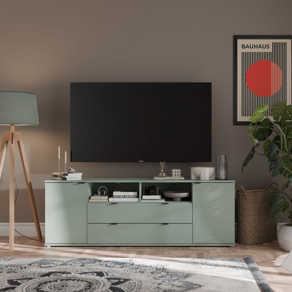 Ganymede Wide TV Unit With Open Shelving, 2 Drawers & 2 Doors in Sage Green - Price Crash Furniture