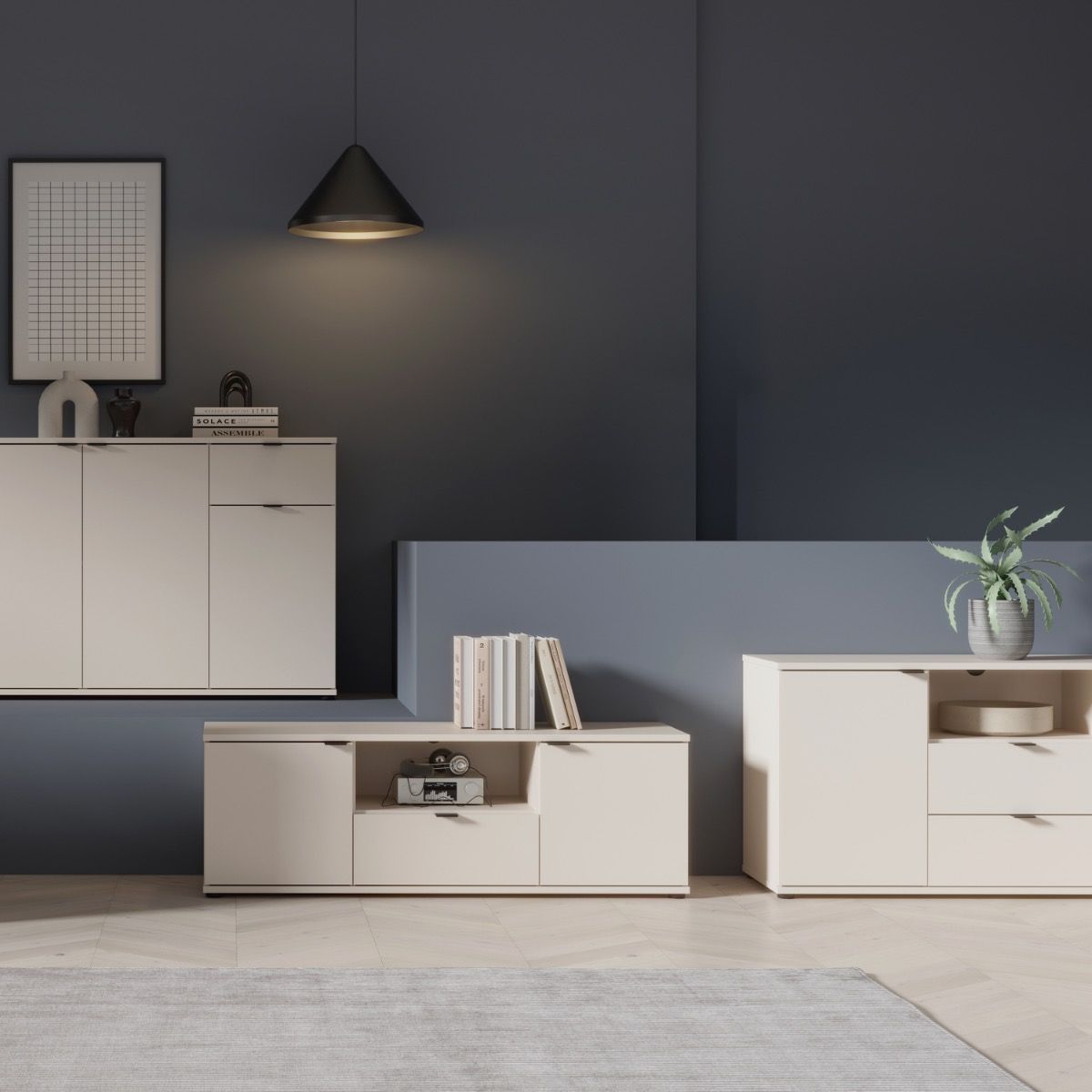 Ganymede Wide TV Unit With Open Shelving, 2 Drawers & 2 Doors In Sand - Price Crash Furniture
