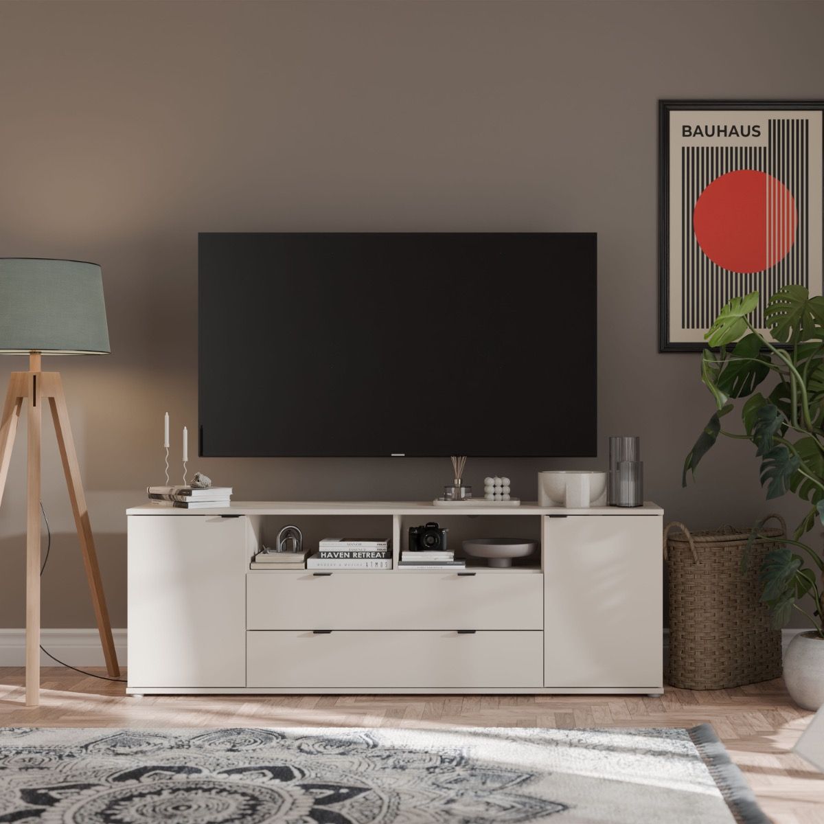 Ganymede Wide TV Unit With Open Shelving, 2 Drawers & 2 Doors In Sand - Price Crash Furniture