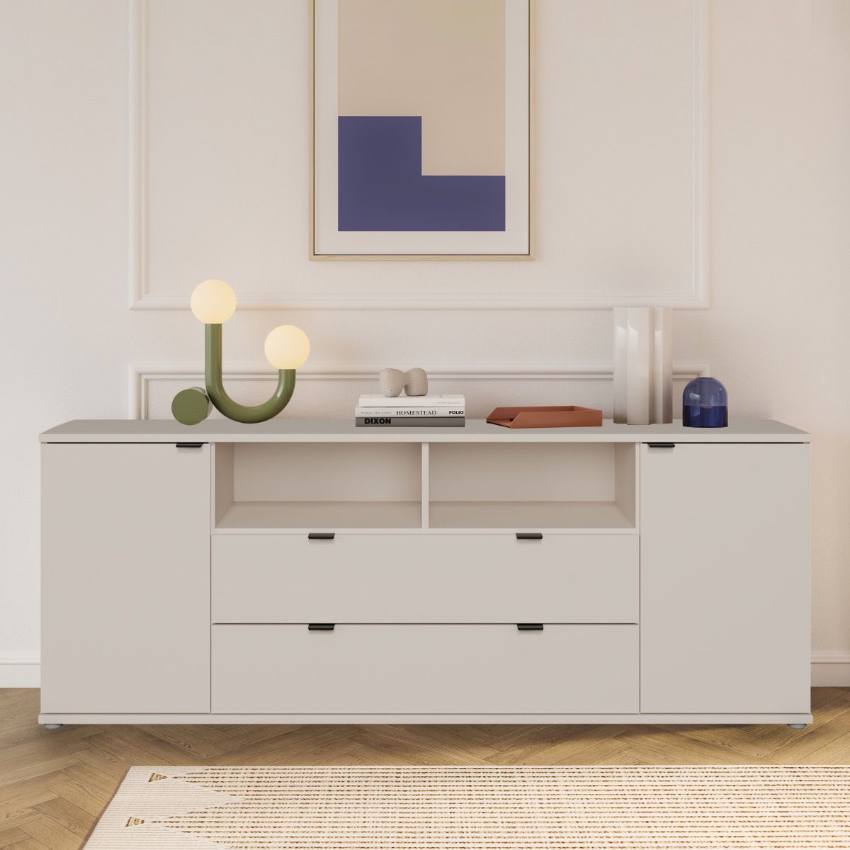 Ganymede Wide TV Unit With Open Shelving, 2 Drawers & 2 Doors In Sand - Price Crash Furniture