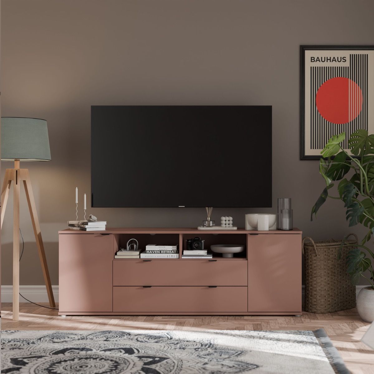 Ganymede Wide TV Unit With Open Shelving, 2 Drawers & 2 Doors In Terracotta - Price Crash Furniture